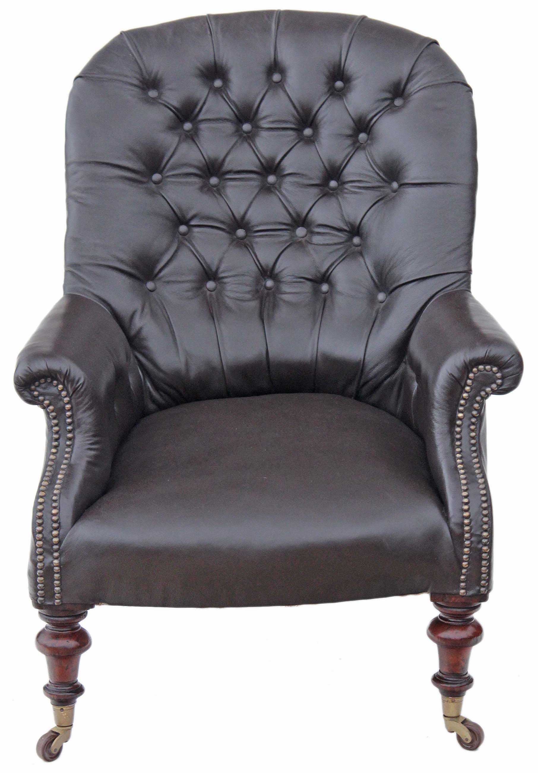 Antique 19C Victorian button back leather armchair chair dark brown (1 of 1) Antique 19C Victorian button back leather armchair chair dark brown (1 of 1)