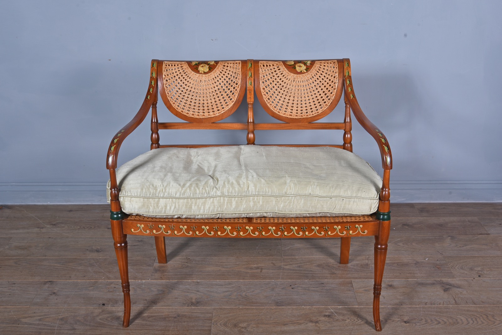 Sheraton Revival Mahogany Painted Bergere Two Seat Settee (1 of 1) Sheraton Revival Mahogany Painted Bergere Two Seat Settee (1 of 1)