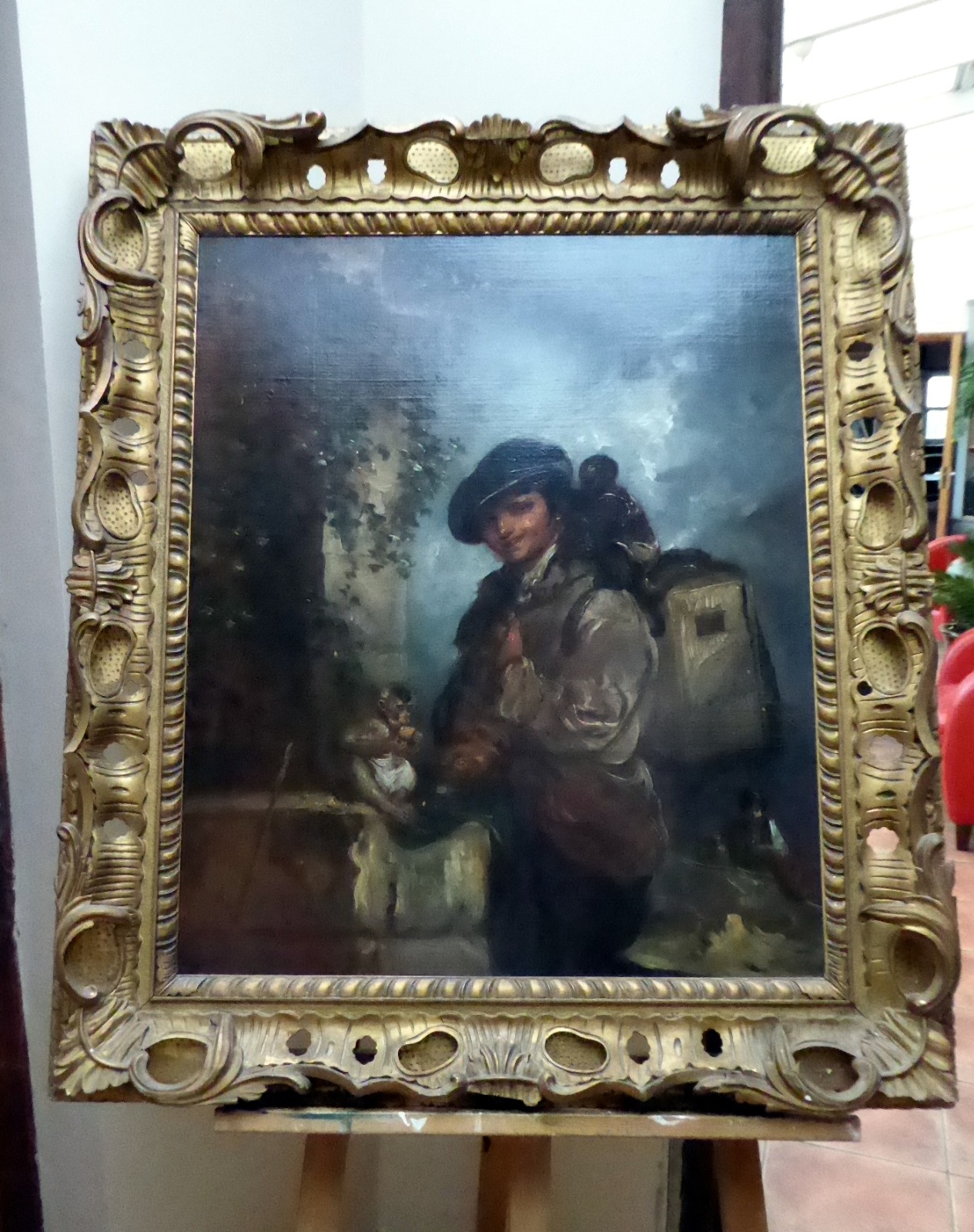 Large Oil the Organ Grinder & His Monkey's RA Listed Artist William Bligh Barker (1835-1850) (1 of 12)
