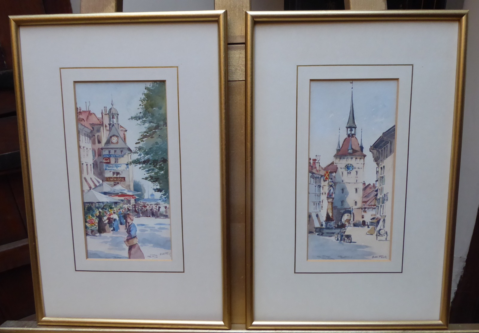 Pair of Watercolours Flower Market & Clock Tower Listed Artist Horace W Tuck (1 of 10)