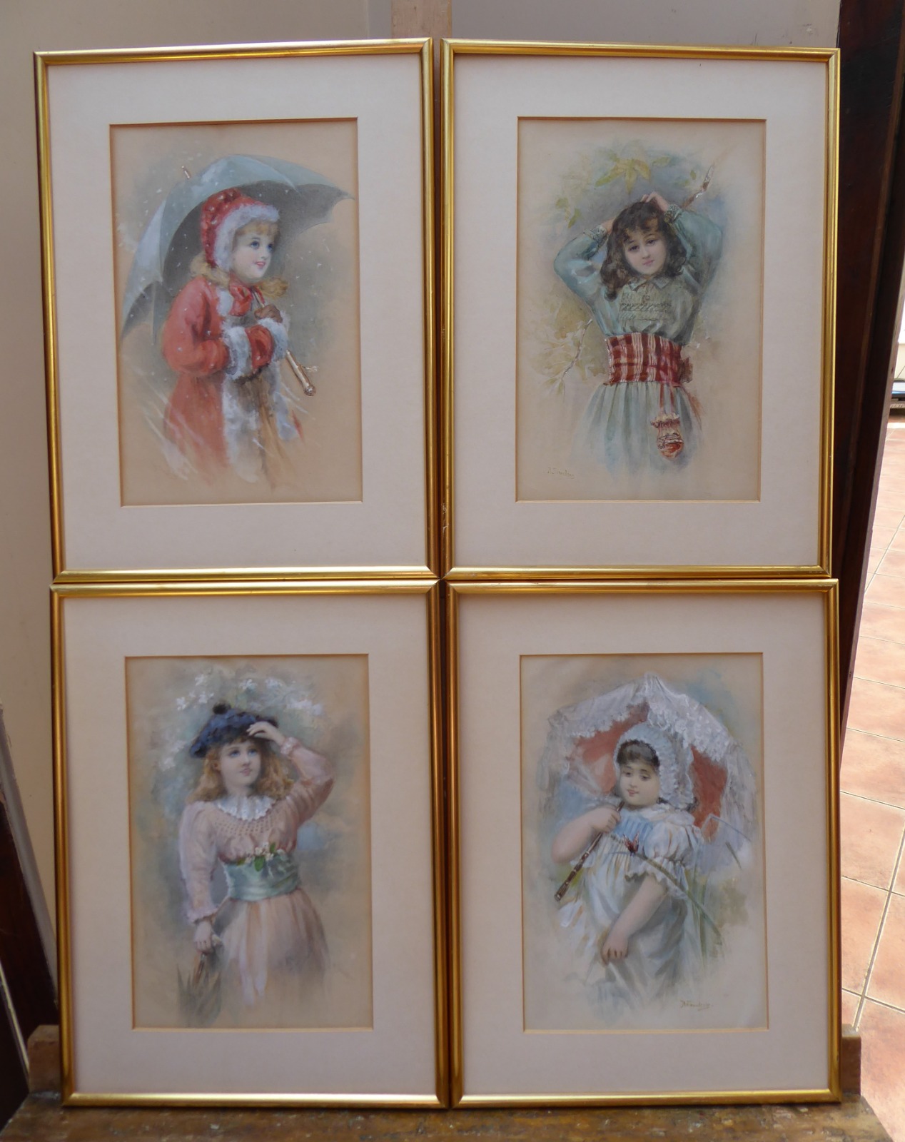 Watercolour Set of Four Victorian Portraits of Young Girls Artist H Saunders (1 of 10)