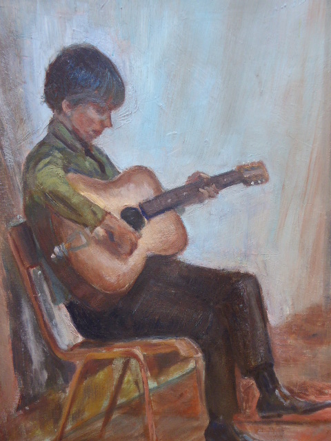 Oil on Board of Boy Playing Guitar Listed Artist Ronald Birch (1 of 11)