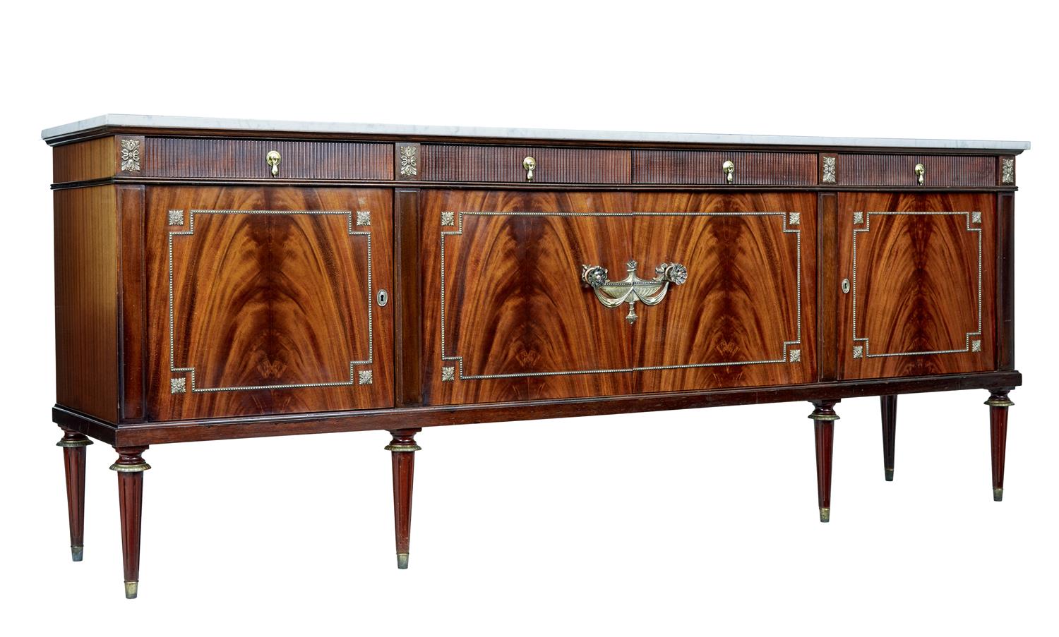 Large Louis XVI Influenced Flame Mahogany Marble Top Sideboard (1 of 1) Large Louis XVI Influenced Flame Mahogany Marble Top Sideboard (1 of 1)