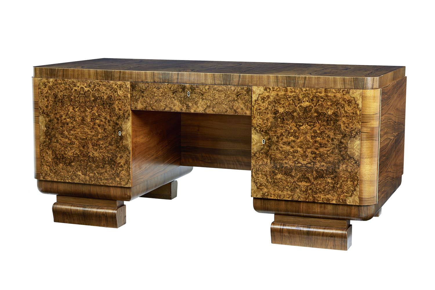 Elegant Scandinavian Burr Walnut Art Deco Pedestal Desk (1 of 10) Elegant Scandinavian Burr Walnut Art Deco Pedestal Desk (1 of 10)