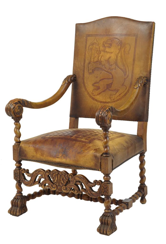 Rare Carved French Walnut & Leather Coat of Arms Armchair c.1870 (1 of 1) Rare Carved French Walnut & Leather Coat of Arms Armchair c.1870 (1 of 1)