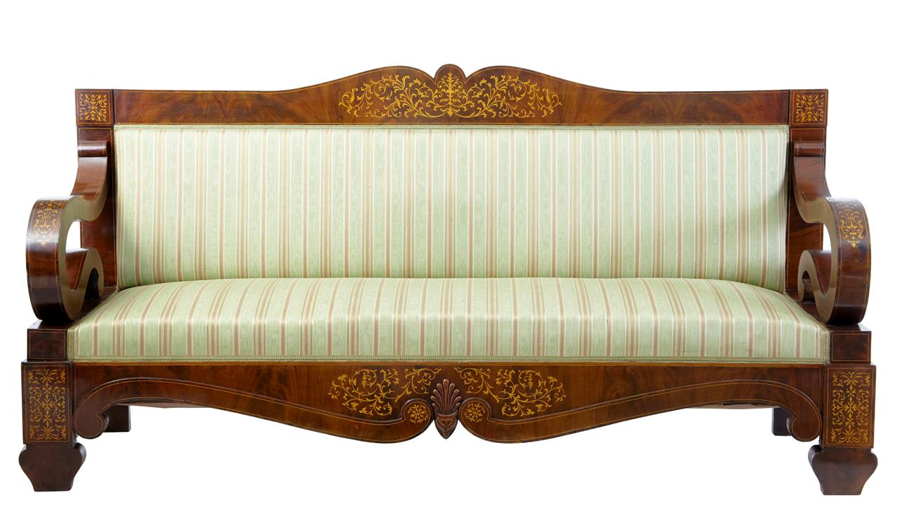 Stunning 19th Century Biedermeier Mahogany Inlaid Scroll Arm Sofa (1 of 1) Stunning 19th Century Biedermeier Mahogany Inlaid Scroll Arm Sofa (1 of 1)