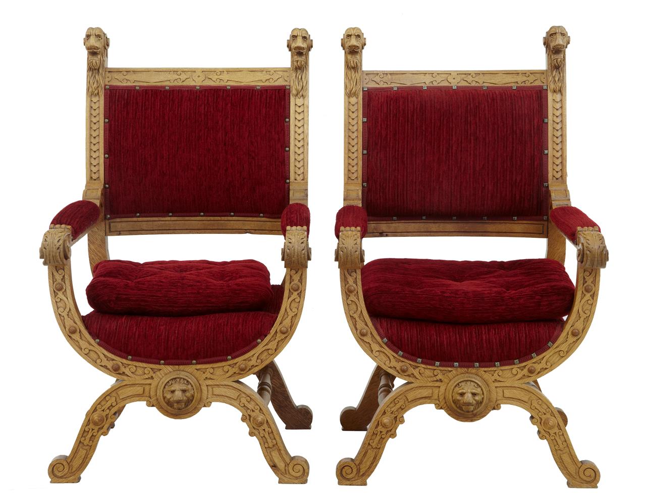 Pair of 19th Century Flemish Light Oak Carved Throne Armchairs (1 of 1) Pair of 19th Century Flemish Light Oak Carved Throne Armchairs (1 of 1)
