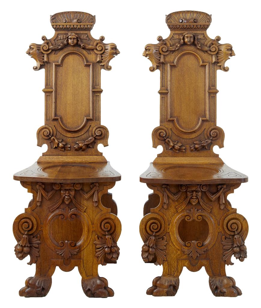 Pair of 19th Century Flemish Carved Oak Hall Chairs (1 of 1) Pair of 19th Century Flemish Carved Oak Hall Chairs (1 of 1)