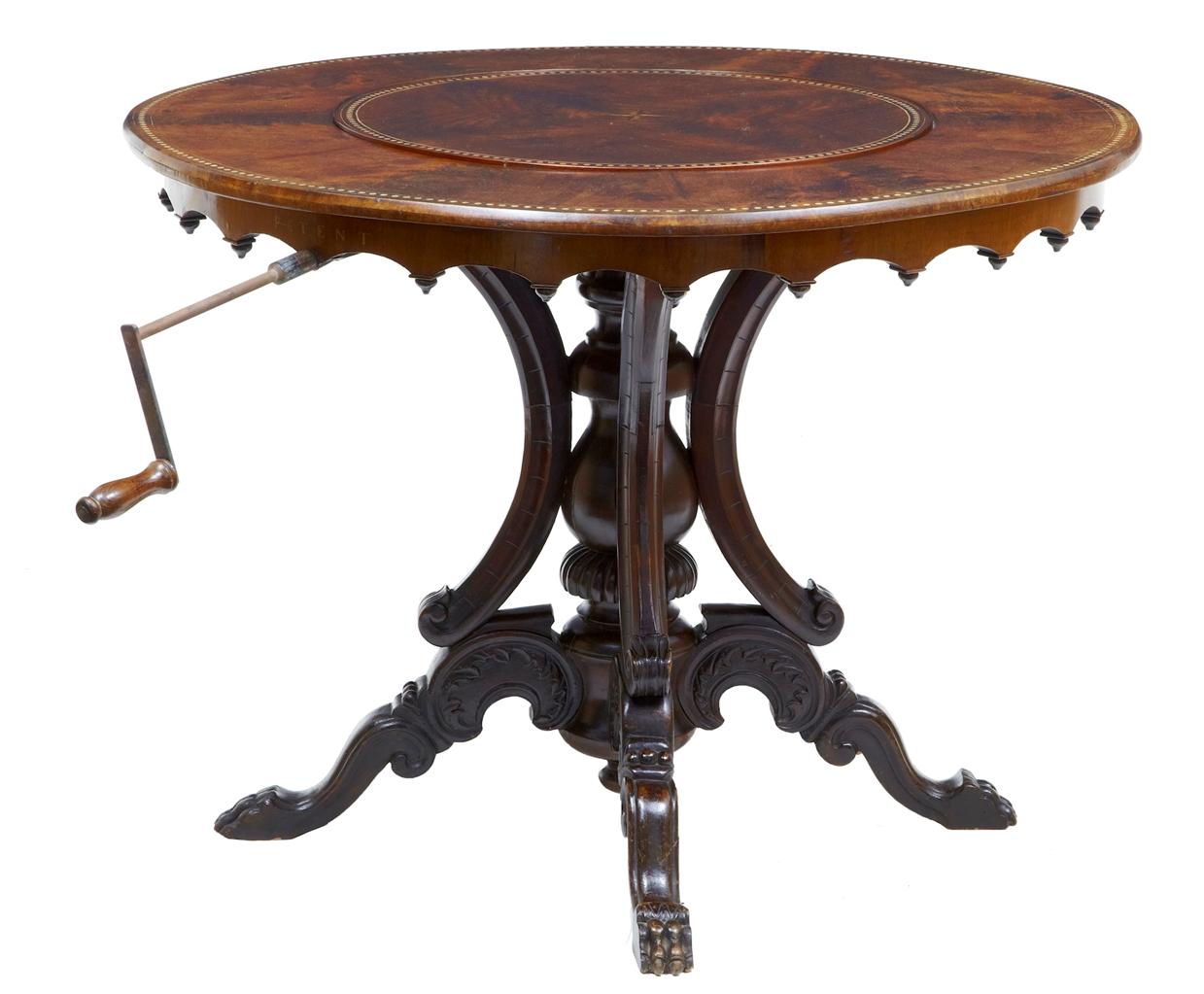 Rare 19th Century French Flame Mahogany Mechanised Lazy Susan Center Table (1 of 6) Rare 19th Century French Flame Mahogany Mechanised Lazy Susan Center Table (1 of 6)