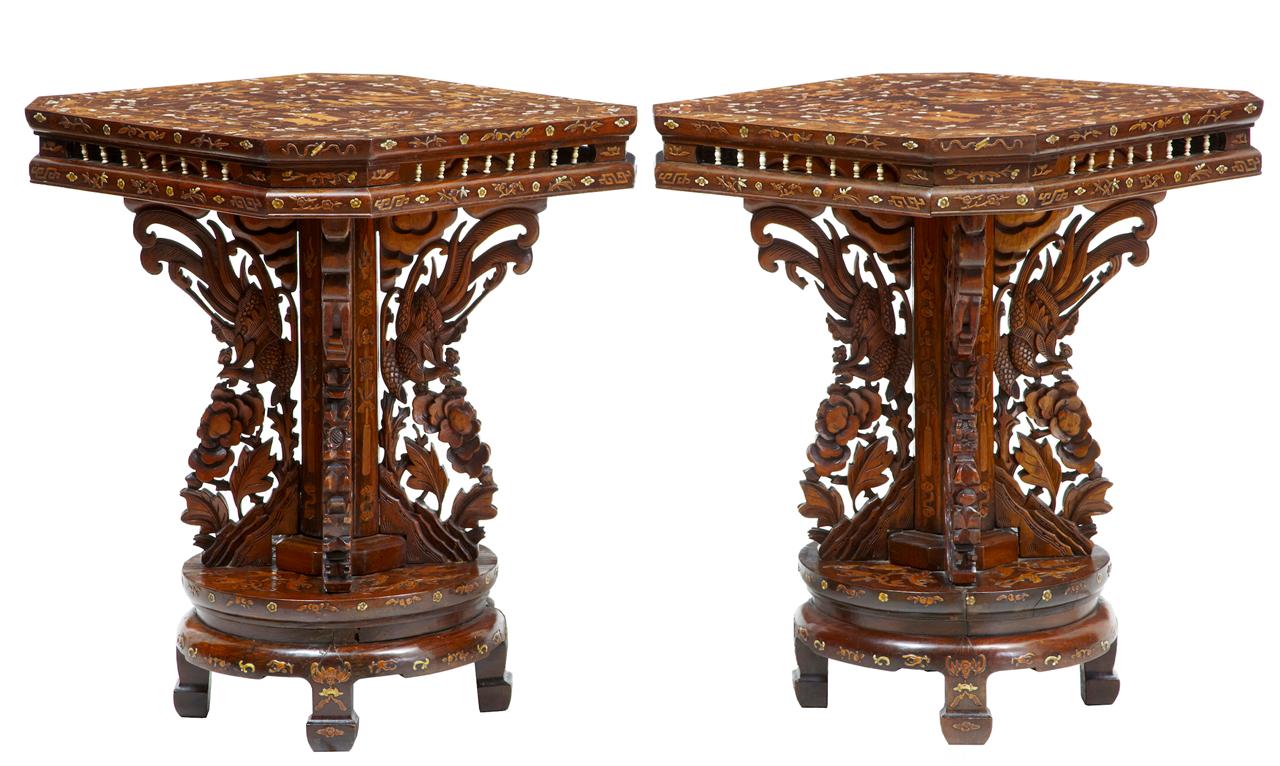 Pair of 19th Century Carved Chinese Hardwood Inlaid Occasional Tables (1 of 1) Pair of 19th Century Carved Chinese Hardwood Inlaid Occasional Tables (1 of 1)