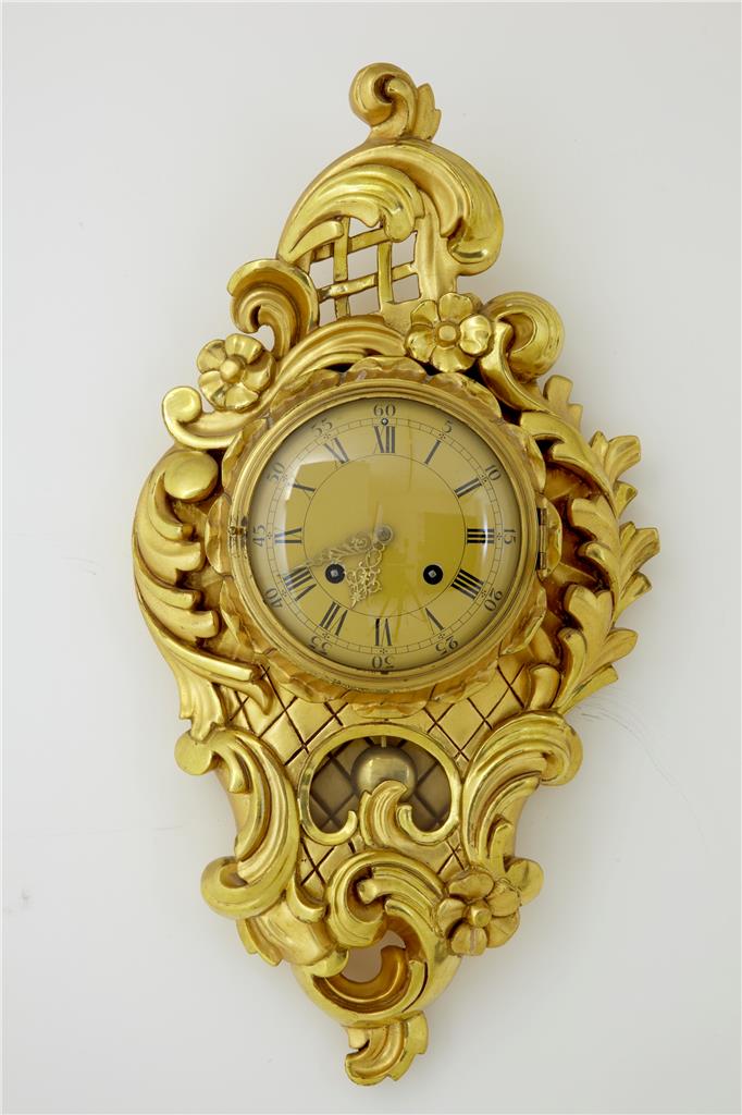 Swedish Gilt Carved Wall Clock by c.1948 (1 of 1) Swedish Gilt Carved Wall Clock by c.1948 (1 of 1)