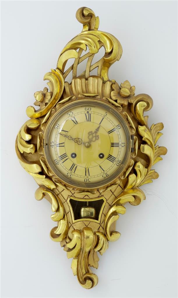 Swedish Gilt Carved Wood Wall Clock by Westerstrand c.1950 (1 of 5) Swedish Gilt Carved Wood Wall Clock by Westerstrand c.1950 (1 of 5)