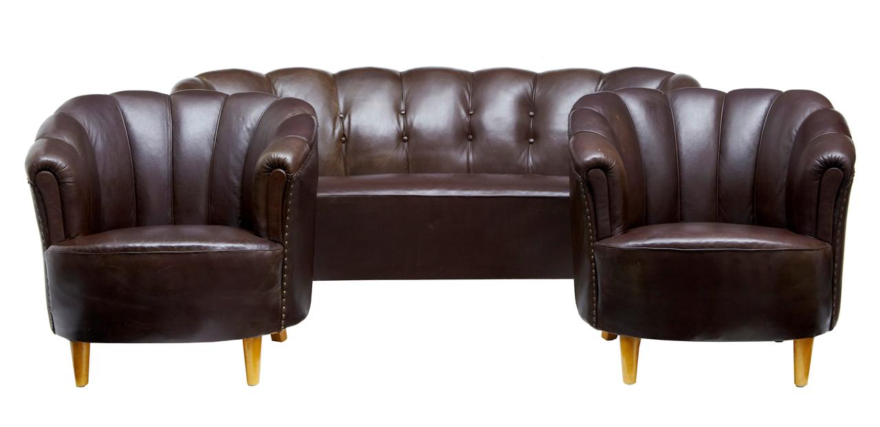 1970's Brown Leather Shell Back 3 Piece Suite Sofa Chairs (1 of 1) 1970's Brown Leather Shell Back 3 Piece Suite Sofa Chairs (1 of 1)