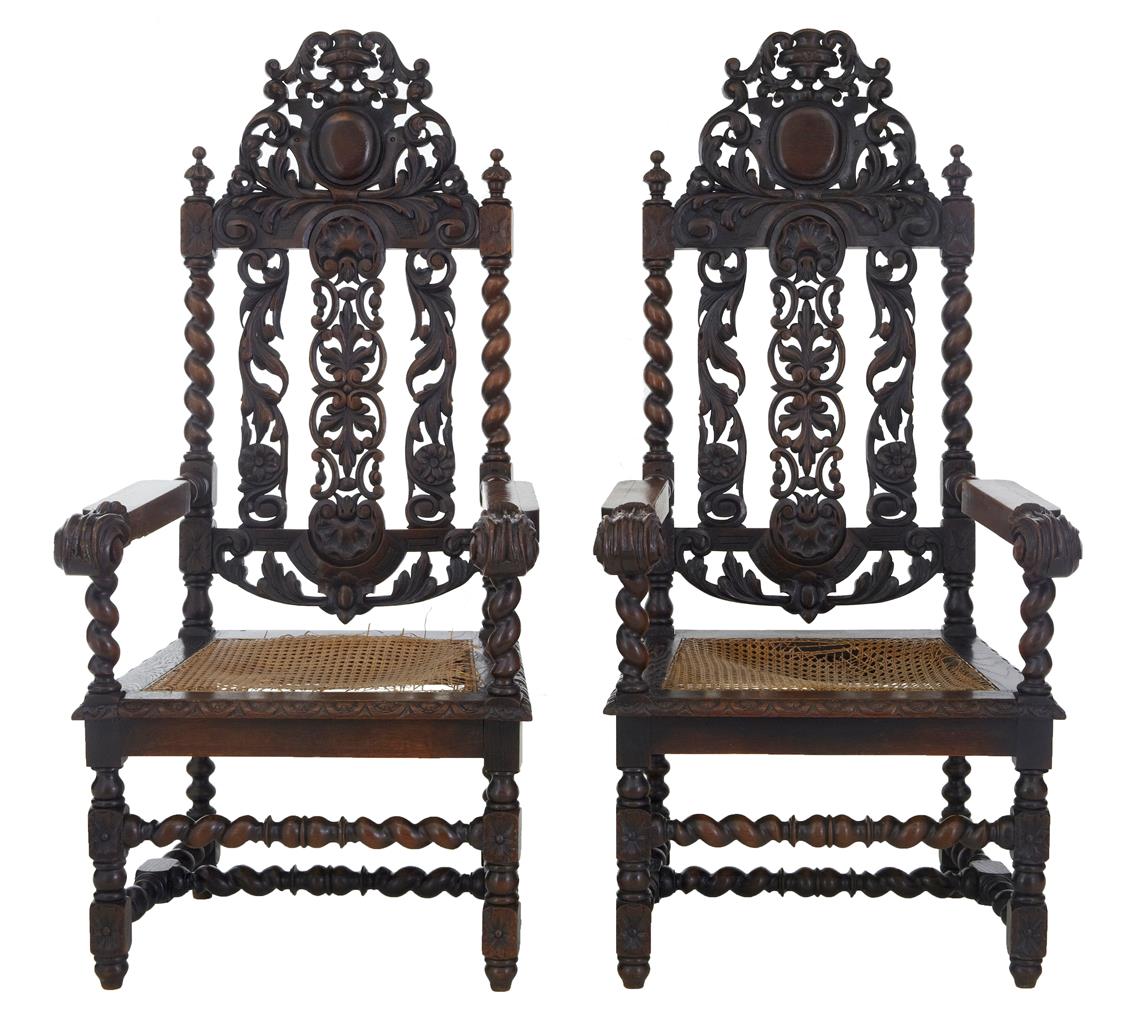 Pair of 19th Century Carved Oak Baroque Throne Armchairs c.1890 (1 of 1) Pair of 19th Century Carved Oak Baroque Throne Armchairs c.1890 (1 of 1)
