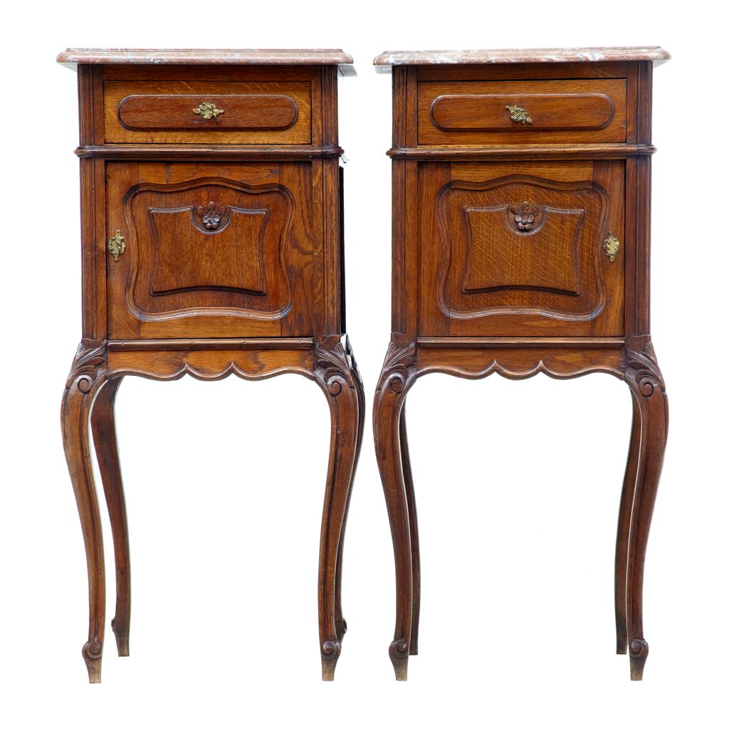 Pair of 19th Century French Oak Marble Top Night Stands (1 of 1) Pair of 19th Century French Oak Marble Top Night Stands (1 of 1)