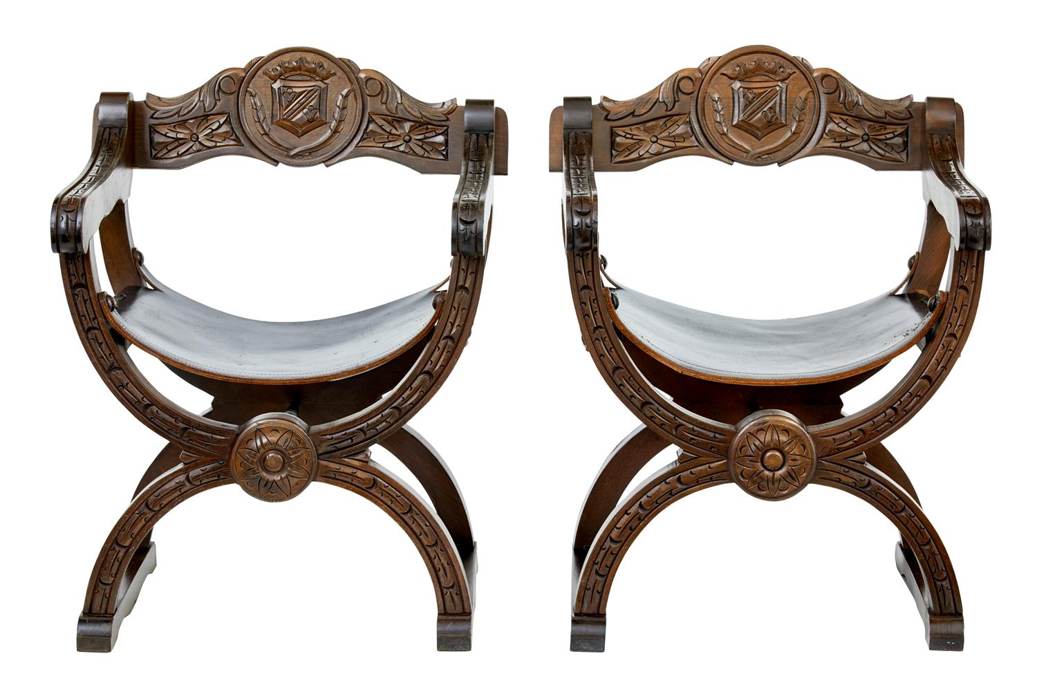 Pair of Early 20th Century Carved Oak X Frame Armchairs (1 of 1) Pair of Early 20th Century Carved Oak X Frame Armchairs (1 of 1)