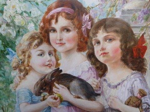 Fine Oil Portrait Painting of 'Three Sister with Pet Rabbit' (1 of 1) Fine Oil Portrait Painting of 'Three Sister with Pet Rabbit' (1 of 1)