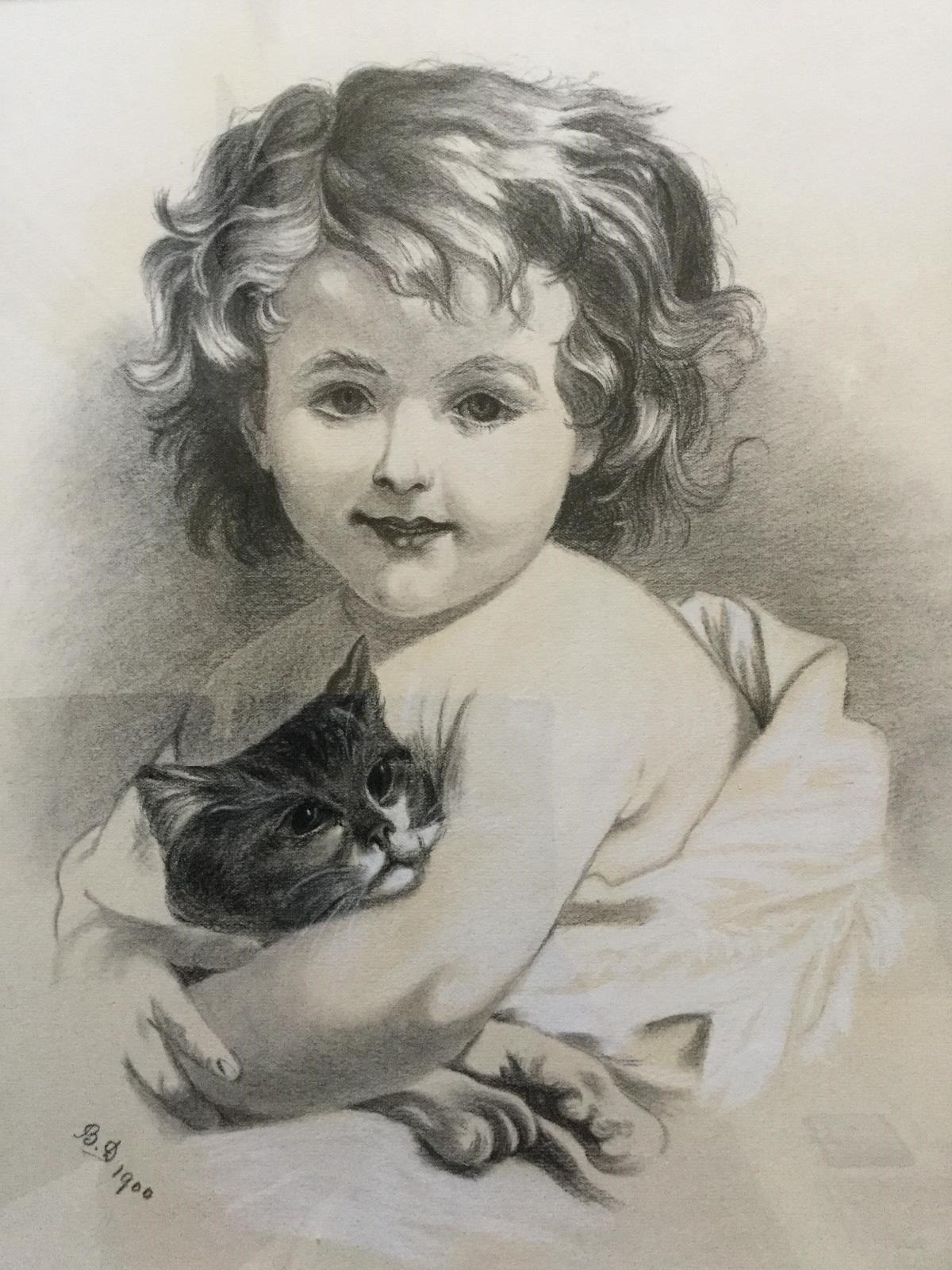 Pastel & Gouache Portrait Drawing of 'Young Girl & Kitten' c.1900 (1 of 1) Pastel & Gouache Portrait Drawing of 'Young Girl & Kitten' c.1900 (1 of 1)