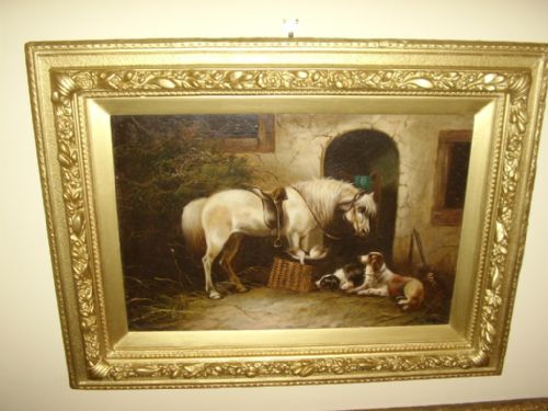 Oil Painting Attributed to George Armfield Jnr of 'Grey Gilding with Dogs' c.1808 to 1893 (1 of 1) Oil Painting Attributed to George Armfield Jnr of 'Grey Gilding with Dogs' c.1808 to 1893 (1 of 1)