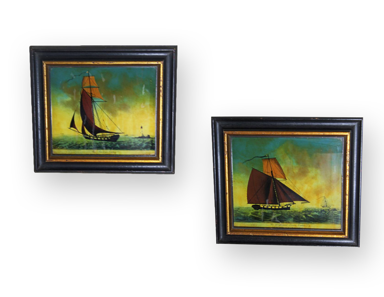 Pair of Reverse Glass Marine Engravings - 18th Century Cutters (1 of 5) Pair of Reverse Glass Marine Engravings - 18th Century Cutters (1 of 5)