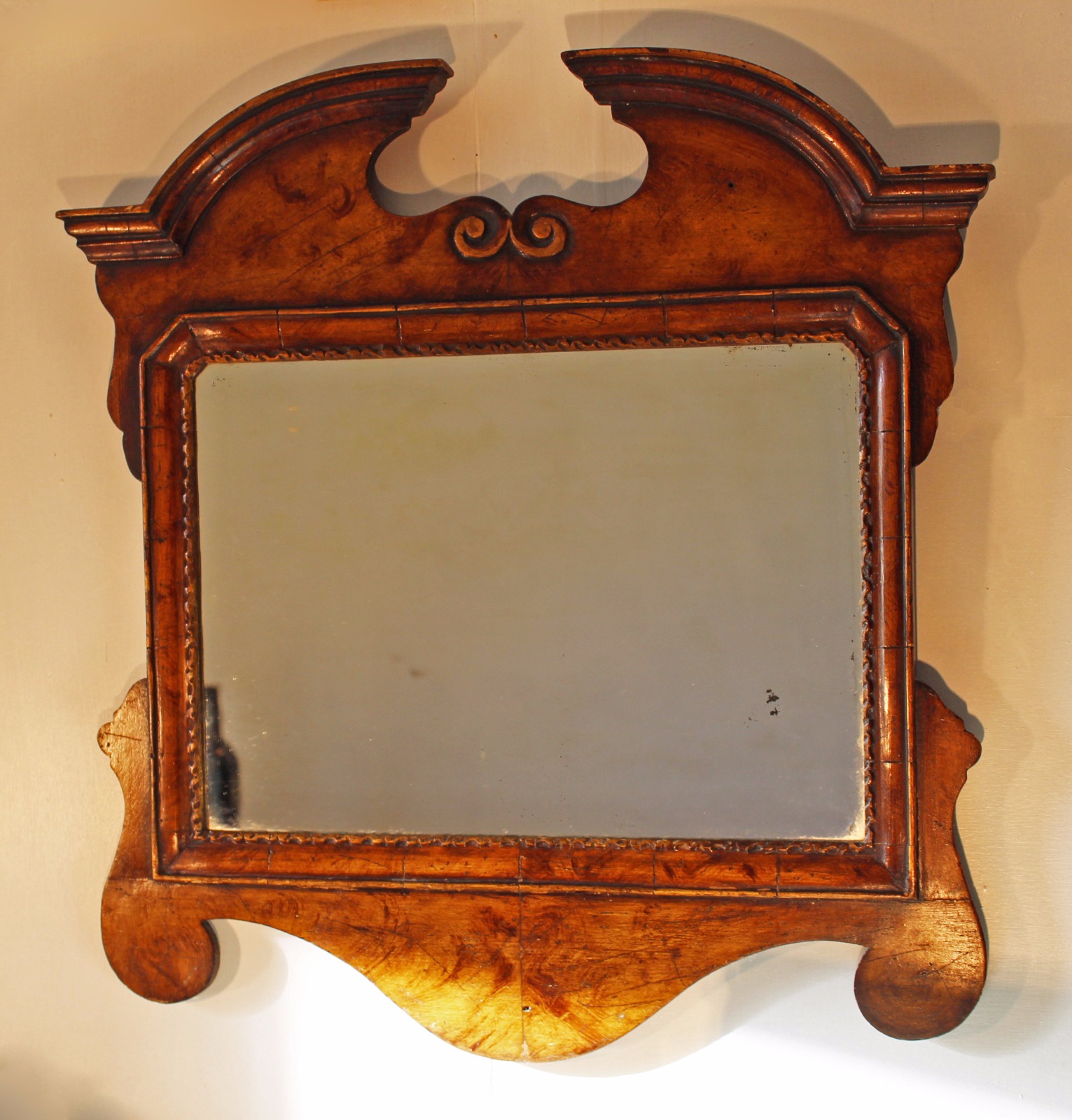 Small Antique Fret Work Mirror with Broken Curved Arched Pediment - Simulated Burr Walnut (1 of 1) Small Antique Fret Work Mirror with Broken Curved Arched Pediment - Simulated Burr Walnut (1 of 1)