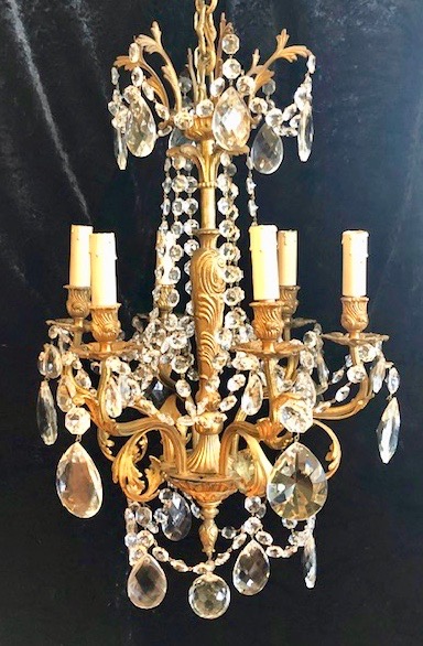 Six Light Gilt Brass Antique French Chandelier c.1900 (1 of 12)