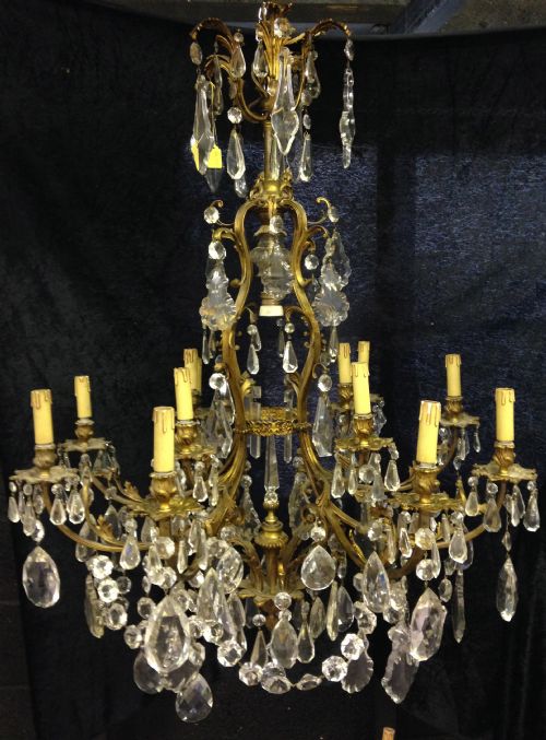 French Antique Quality Brass & Crystal Chandelier c.1900 (1 of 7)