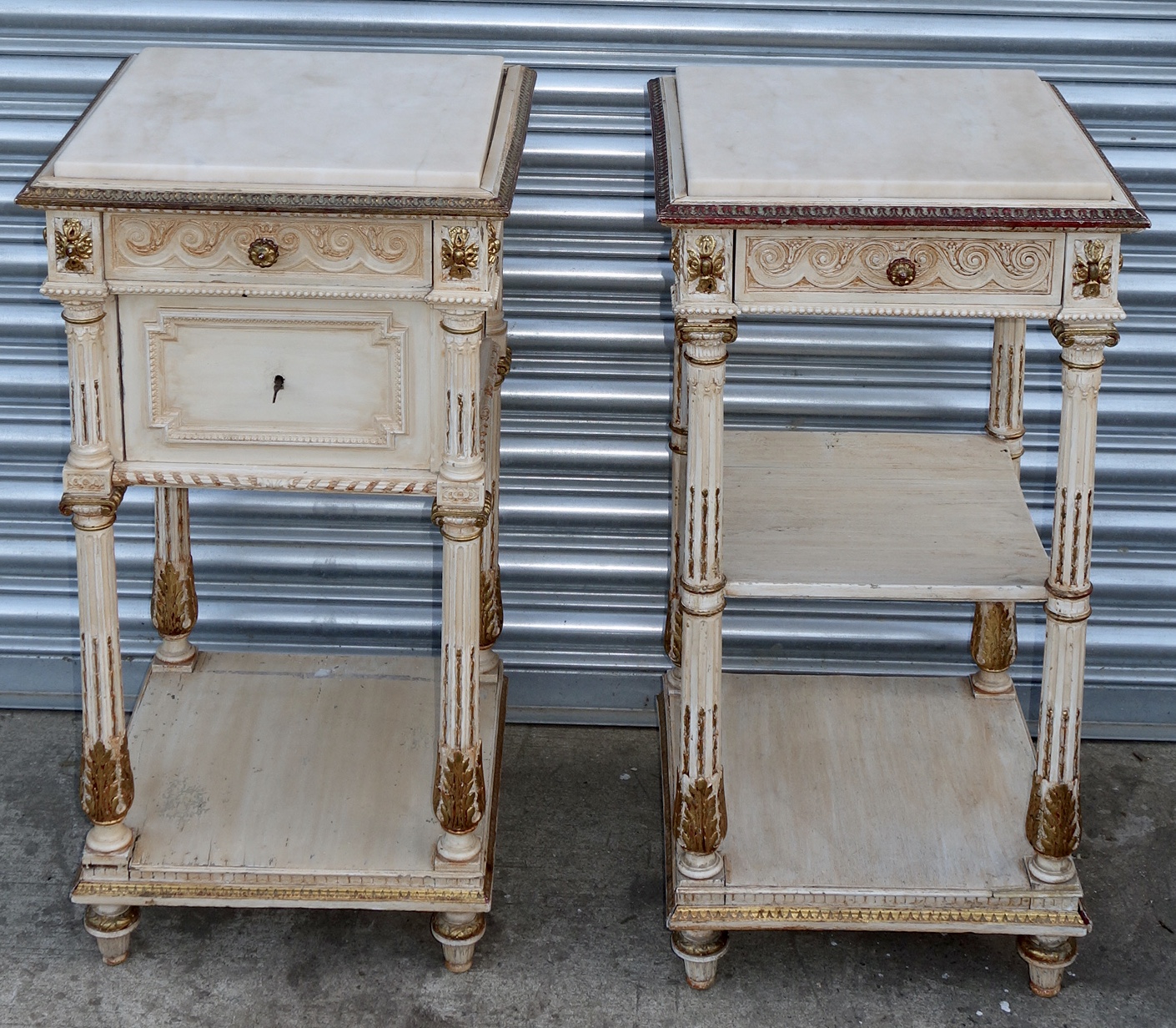 Two French White Painted Marble-Top Gilt Bedside Nightstands c.1910 (1 of 1) Two French White Painted Marble-Top Gilt Bedside Nightstands c.1910 (1 of 1)