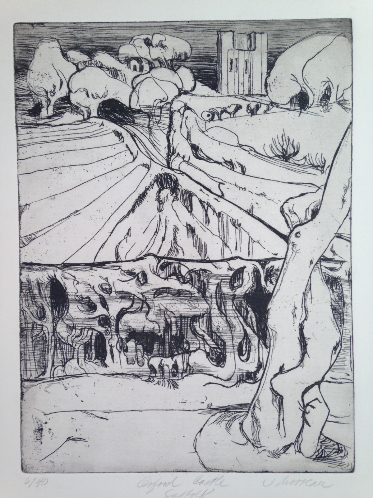 Original Etching Limited Edition Landscape 'Orford Castle Suffolk Signed circa 70s (1 of 8)