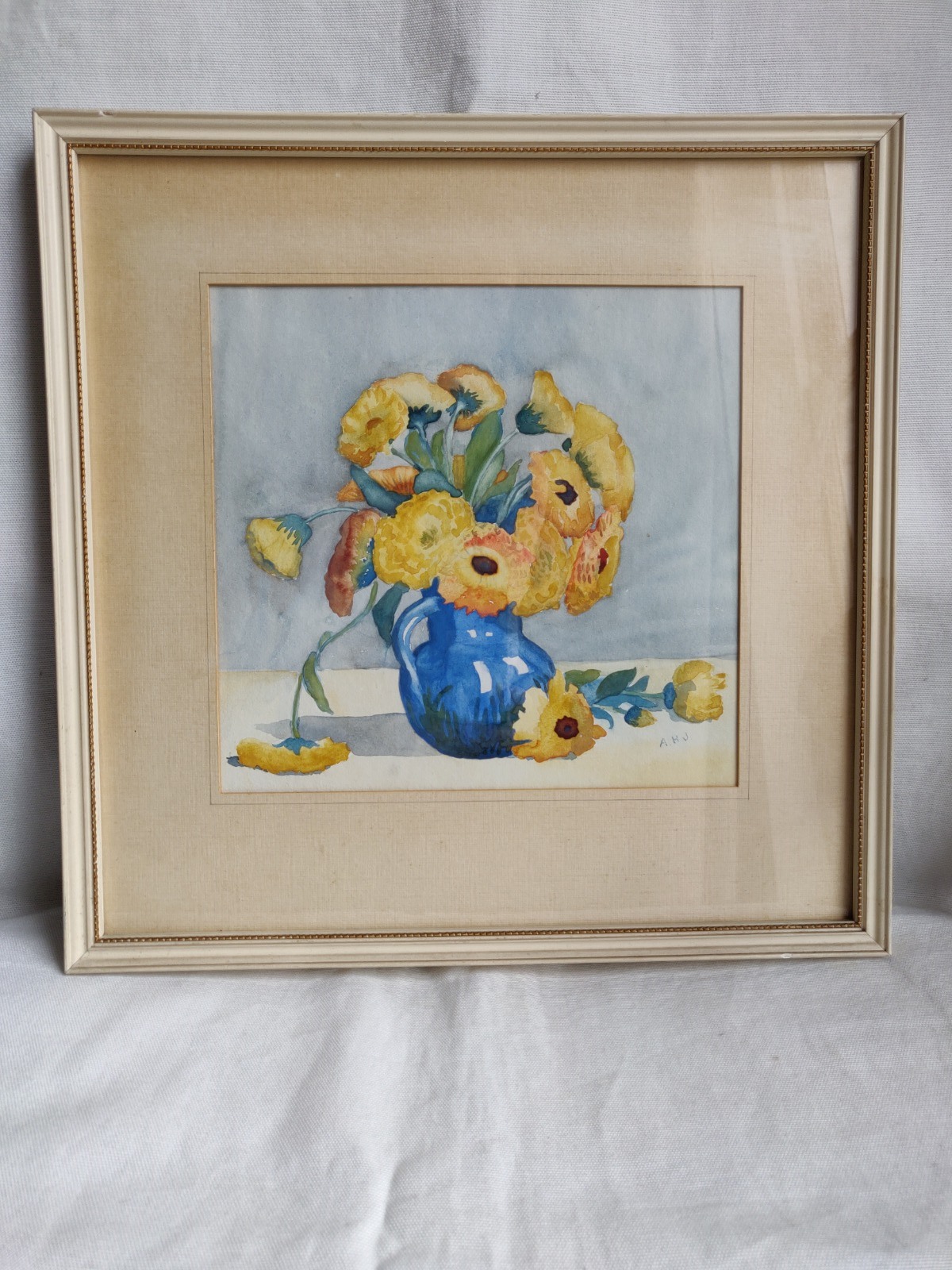 Original Watercolor Still Life with Yellow Flowers, Signed A.H.J c.1950 (1 of 10)