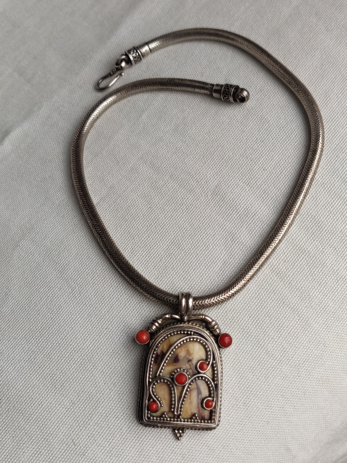 Handmade Tibetan Asian Sterling Silver Necklace Pendant Jasper & Coral (1 of 15)