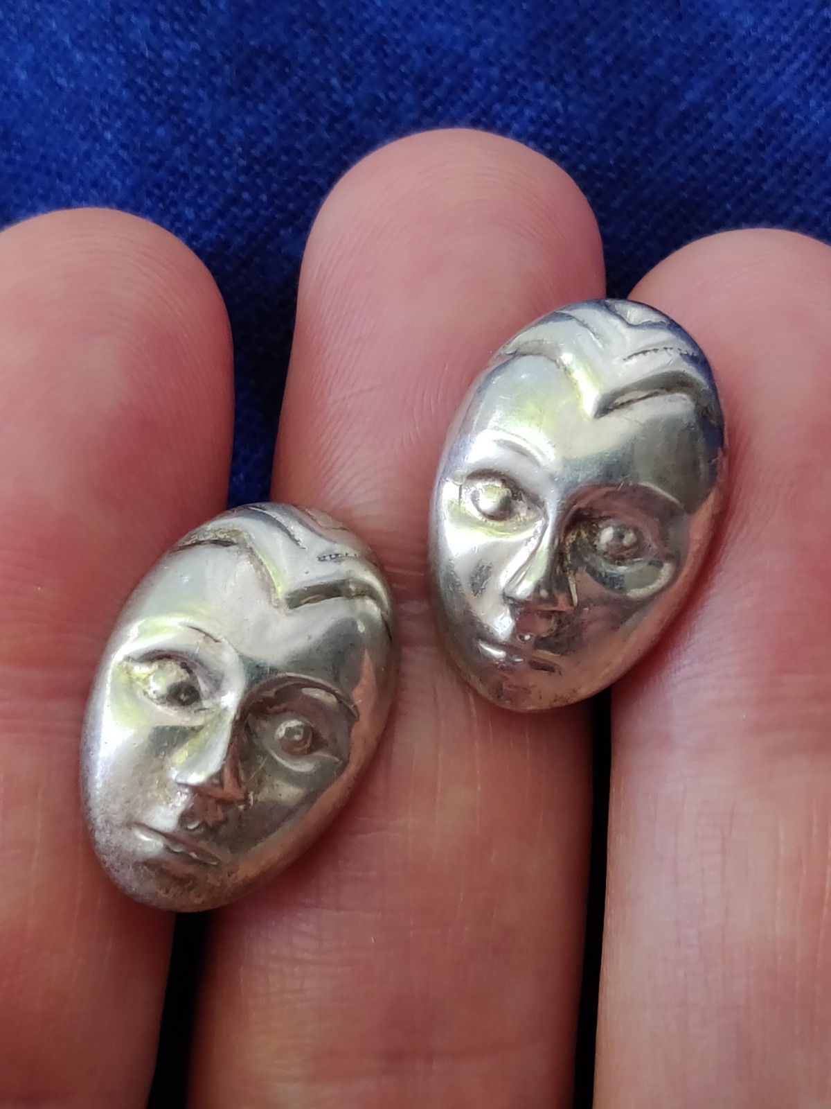 Vintage Modernist Sterling Silver 925 Earrings Face / Mask Convex Buttons (1 of 7)