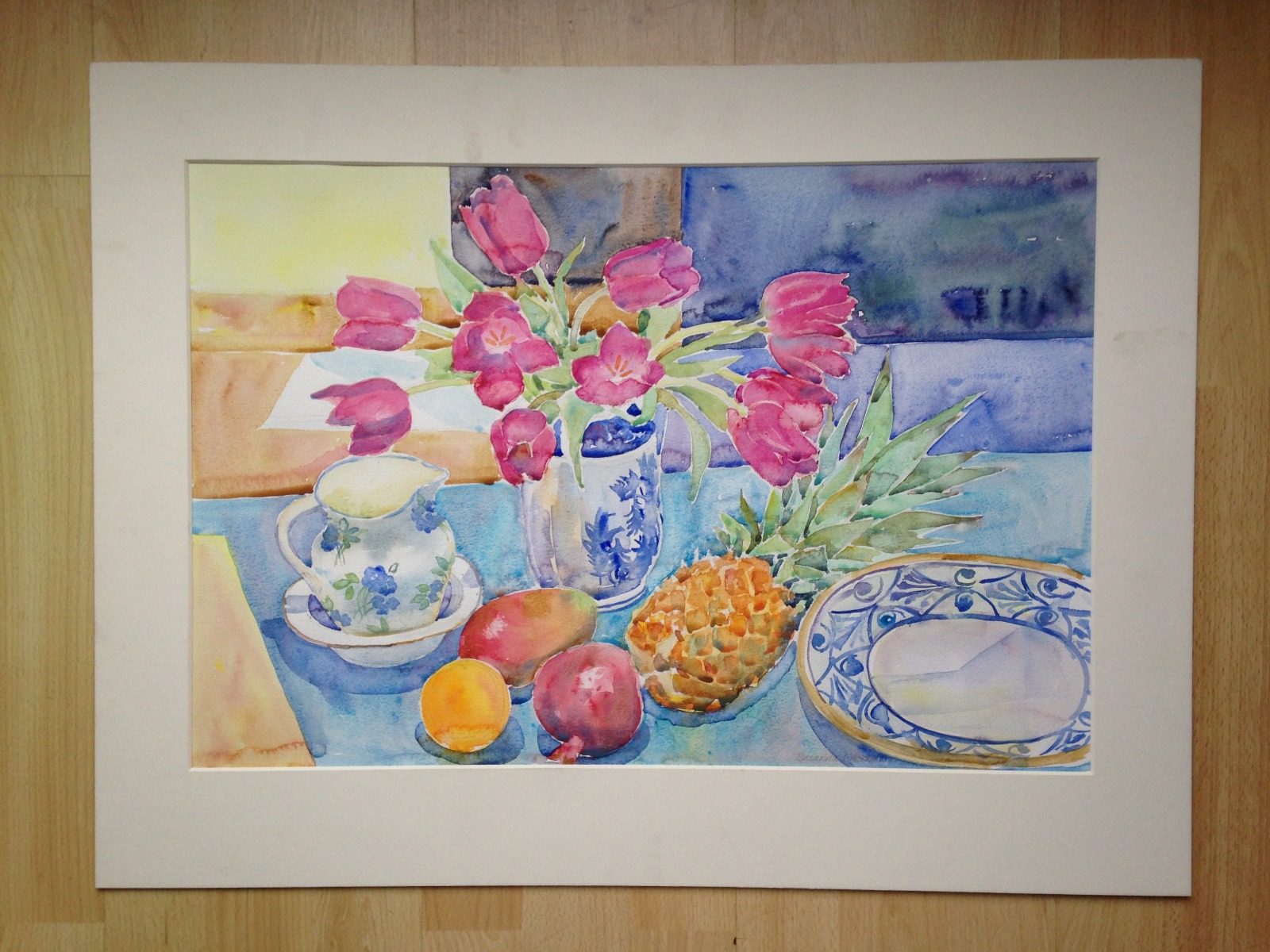 Original Watercolor Painting 'Still Life, Pineapple & Tulips' Signed by Susanna Masheder (1 of 5)