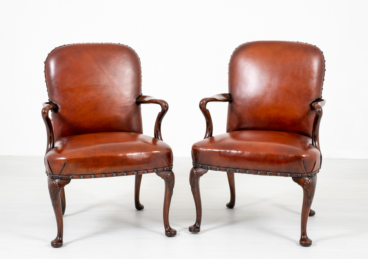 Wonderful Pair of Queen Anne Walnut & Leather Open Armchairs (1 of 1) Wonderful Pair of Queen Anne Walnut & Leather Open Armchairs (1 of 1)