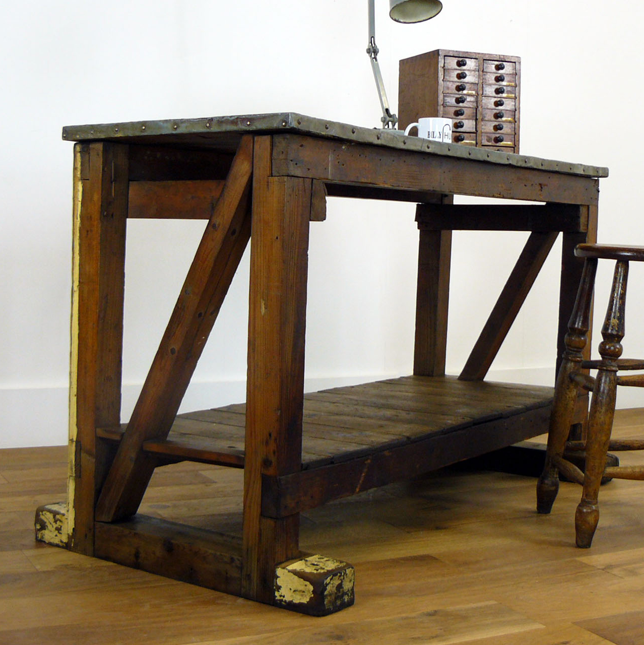 English Late Victorian Pine Work Bench with Metal Top (1 of 1) English Late Victorian Pine Work Bench with Metal Top (1 of 1)