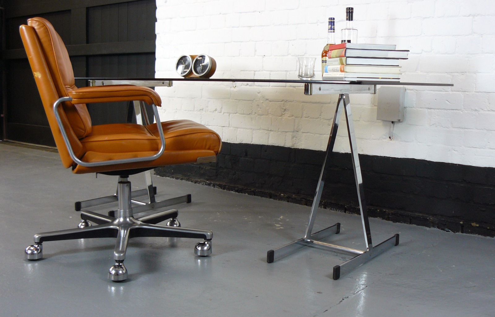 Pieff Lisse Chrome A-Frame Trestle Style Desk Table with Smoked Glass Top (1 of 1) Pieff Lisse Chrome A-Frame Trestle Style Desk Table with Smoked Glass Top (1 of 1)