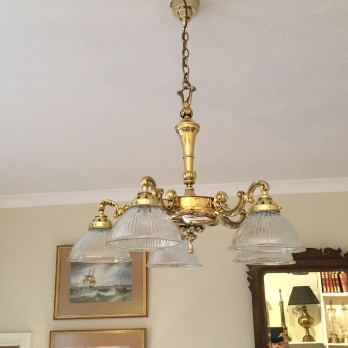 5 Branch "vintage" Brass & Glass Chandelier (1 of 4) 5 Branch "vintage" Brass & Glass Chandelier (1 of 4)