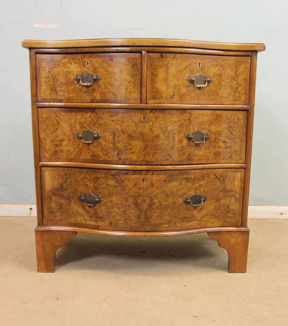 Antique Small Burr Walnut Serpentine Shaped Chest of Drawers (1 of 11) Antique Small Burr Walnut Serpentine Shaped Chest of Drawers (1 of 11)