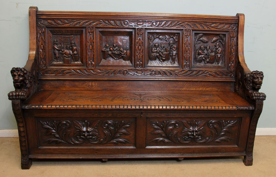 Antique Victorian Carved Oak Settle / Hall Seat / Monks Bench c.1875 (1 of 1) Antique Victorian Carved Oak Settle / Hall Seat / Monks Bench c.1875 (1 of 1)