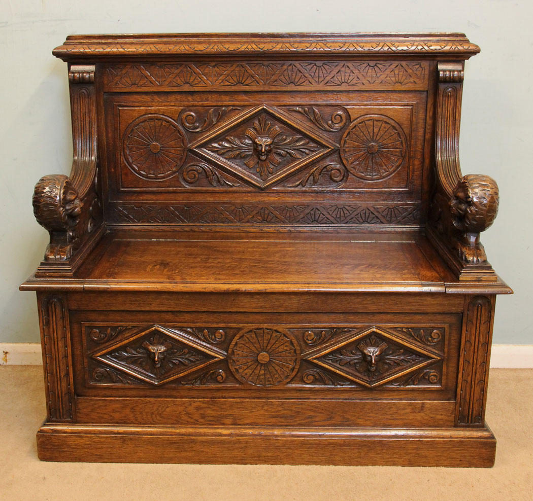 Antique Carved Oak Settle / Monks Bench / Hall Seat / Carved Green Man (1 of 1)