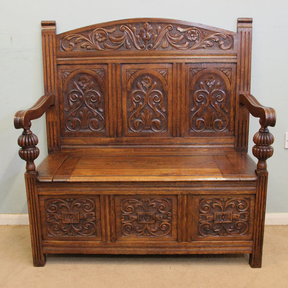 Antique Carved Oak Settle / Hall Seat Bench C.1900 (1 of 1) Antique Carved Oak Settle / Hall Seat Bench C.1900 (1 of 1)