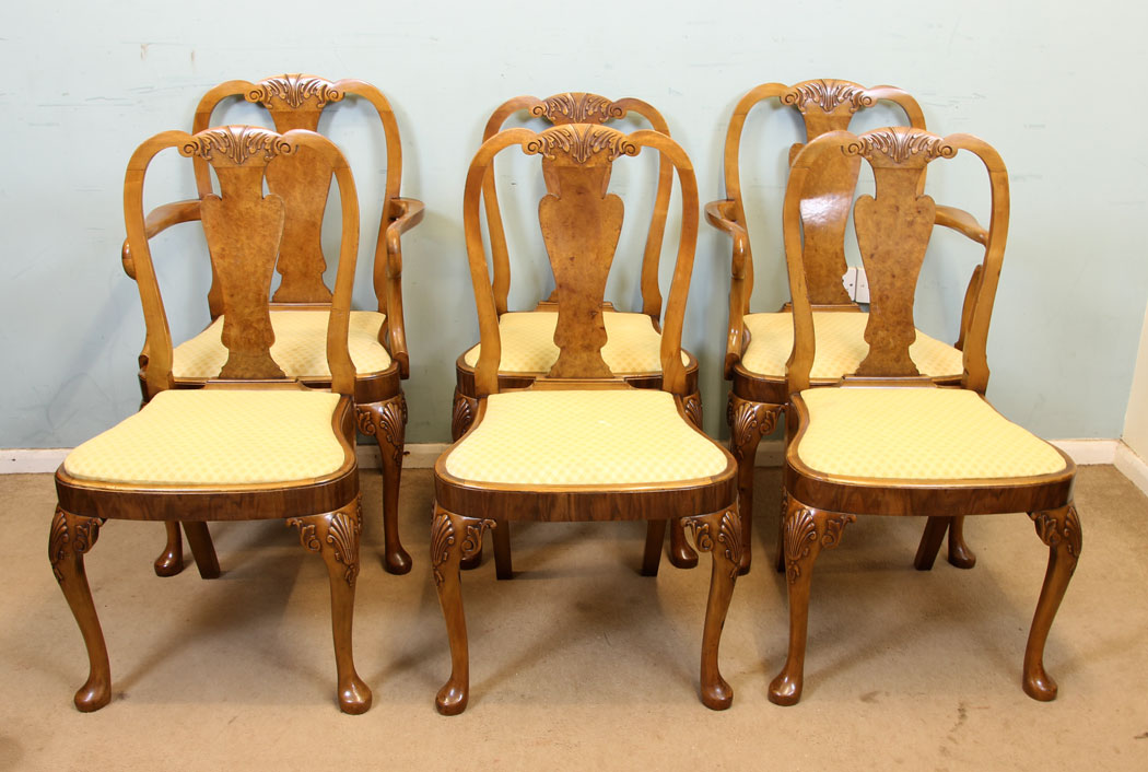 Set Six Burr Walnut Dining Chairs, Queen Anne Style (1 of 1) Set Six Burr Walnut Dining Chairs, Queen Anne Style (1 of 1)