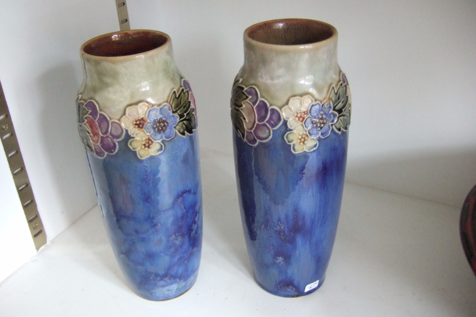 Pair of Royal Doulton Vases 1920s in Pale Blue with Floral Frieze To