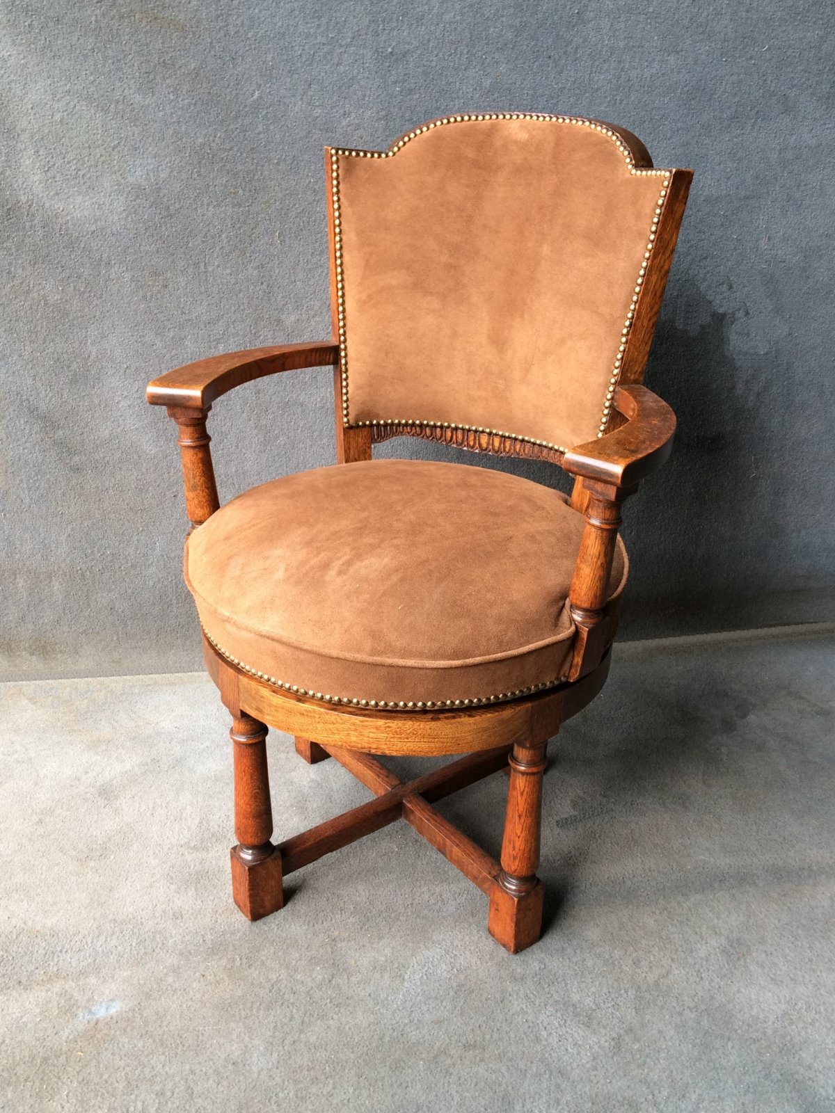 Circular Revolving Oak Desk Arm Chair in Suede (1 of 1) Circular Revolving Oak Desk Arm Chair in Suede (1 of 1)