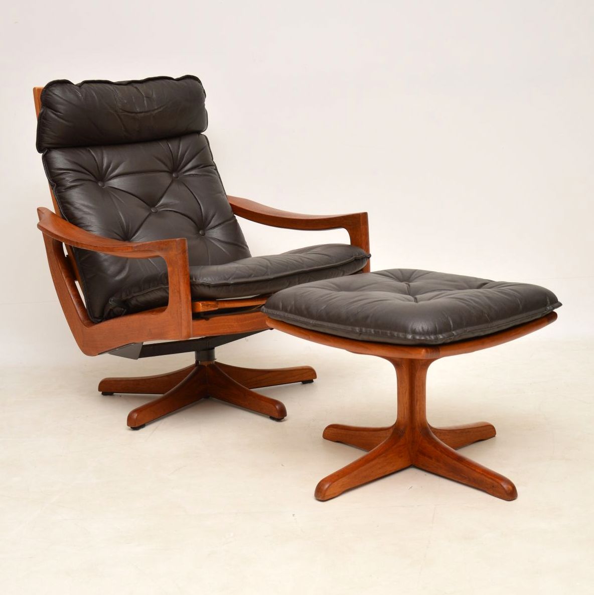 1970s Leather & Teak Reclining Armchair & Stool by Lied Mobler (1 of 1) 1970s Leather & Teak Reclining Armchair & Stool by Lied Mobler (1 of 1)