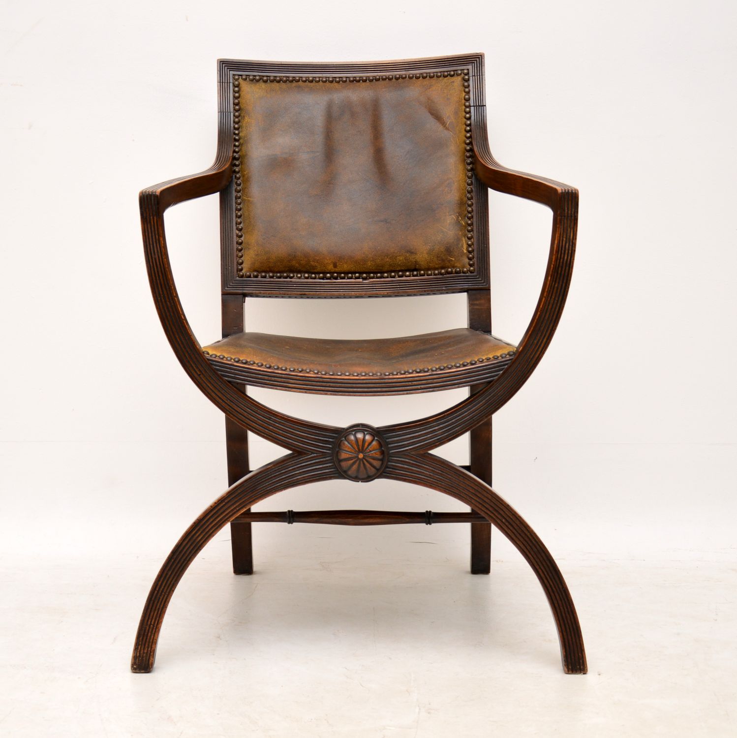 Antique Leather & Mahogany X Frame Armchair (1 of 1)