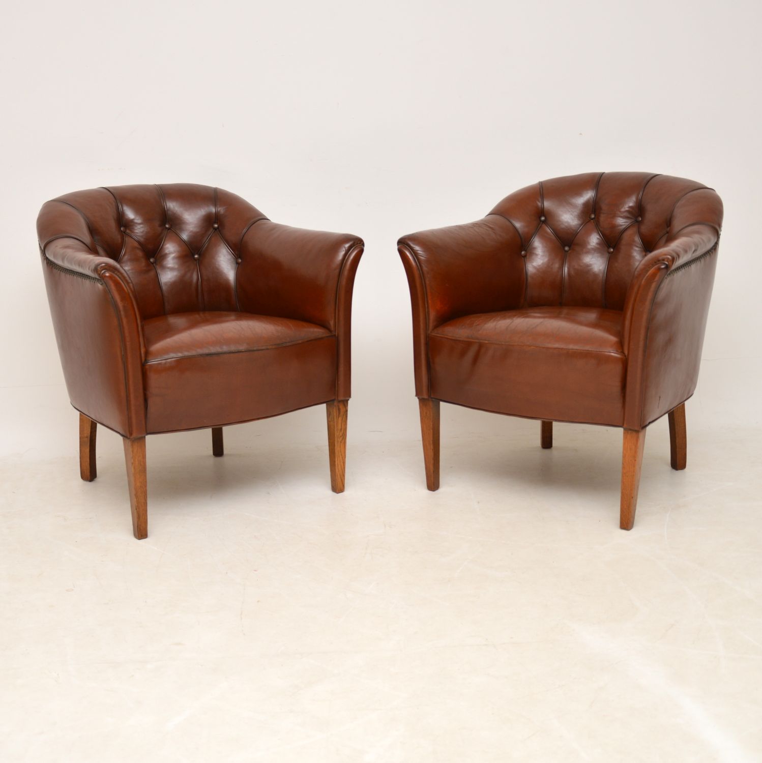 Pair of Antique Swedish Deep Buttoned Leather Armchairs (1 of 7)