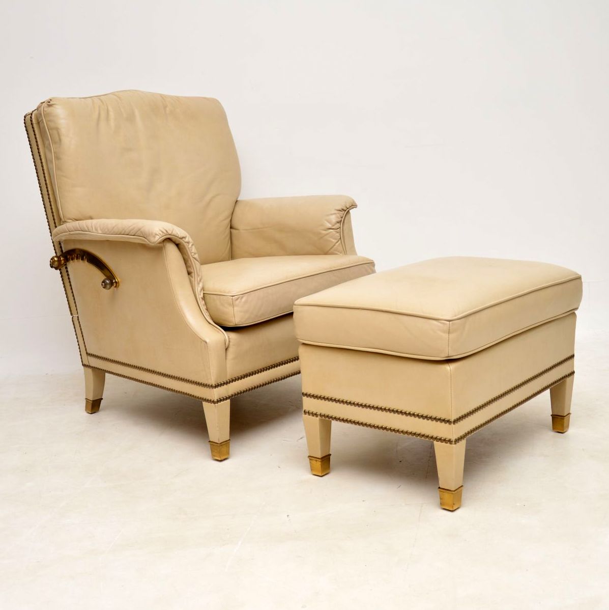 Swedish Leather & Brass Reclining Armchair & Stool (1 of 12)
