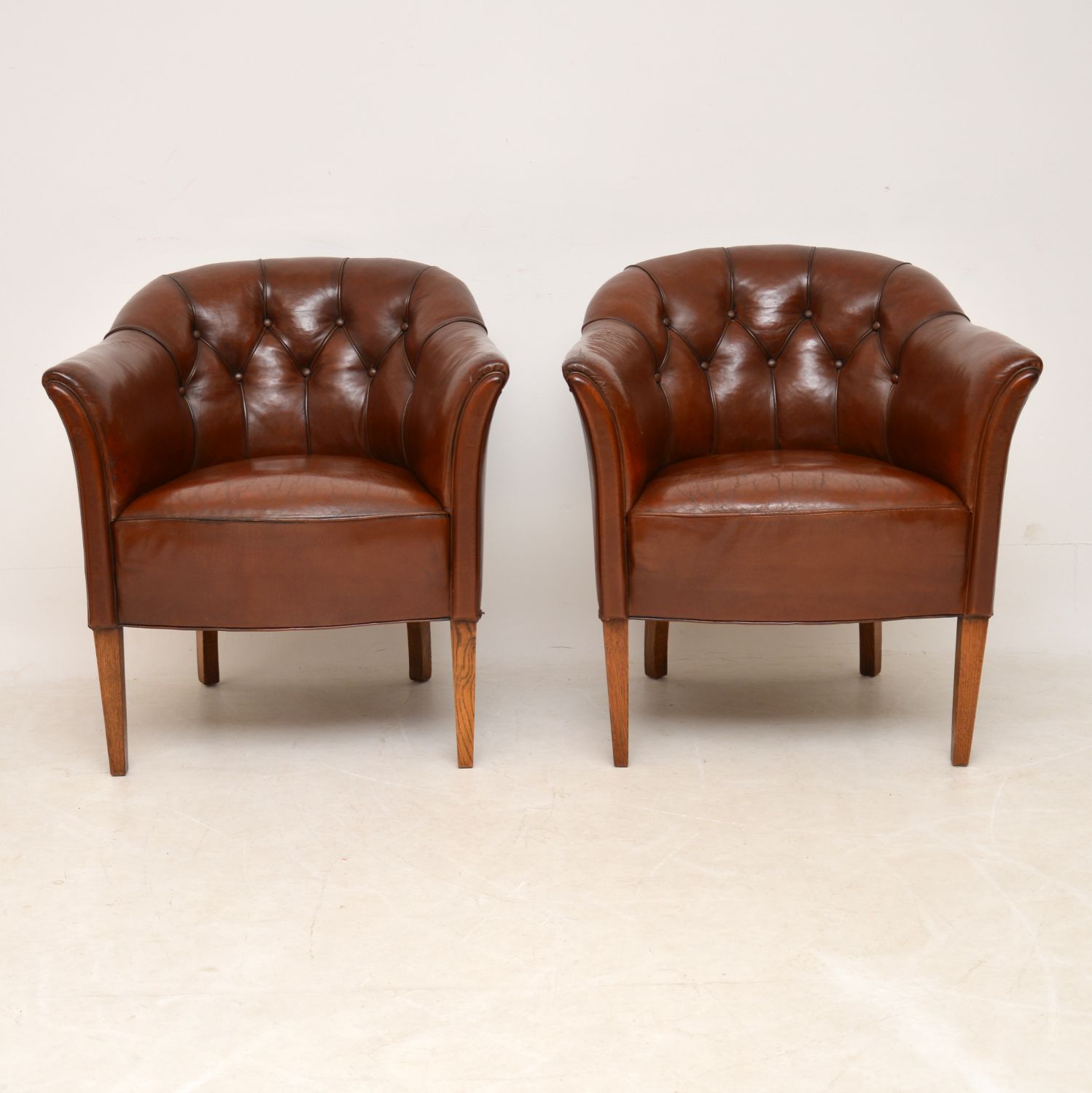 Pair of Antique Swedish Deep Buttoned Leather Armchairs (1 of 7) Pair of Antique Swedish Deep Buttoned Leather Armchairs (1 of 7)