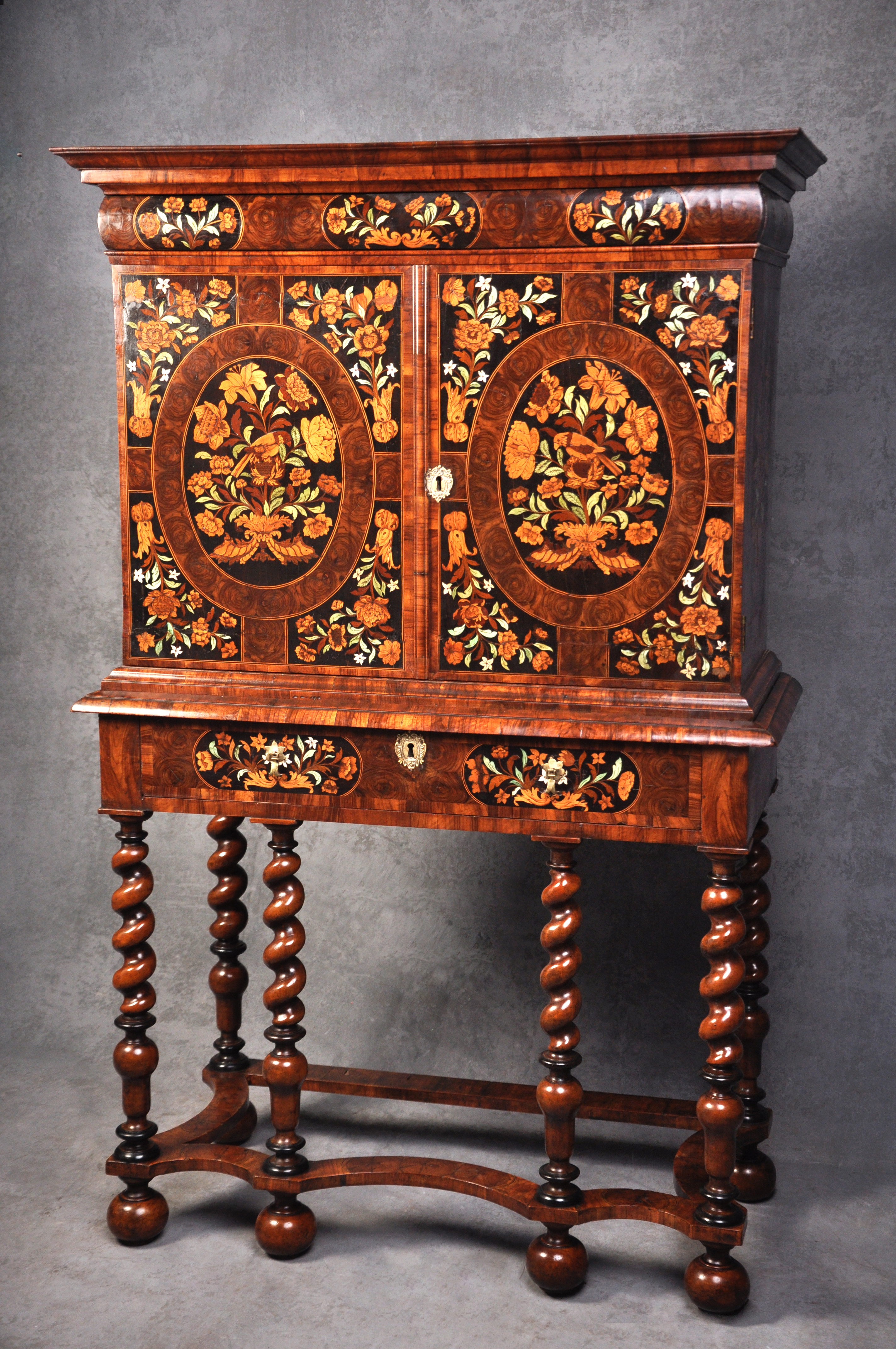 Charles II Olive Oyster-Veneered & Floral Marquetry Cabinet on Stand (1 of 21)